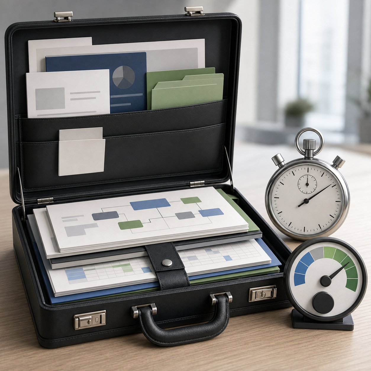 A business briefcase opens into documents, messages, and evaluation scorecards