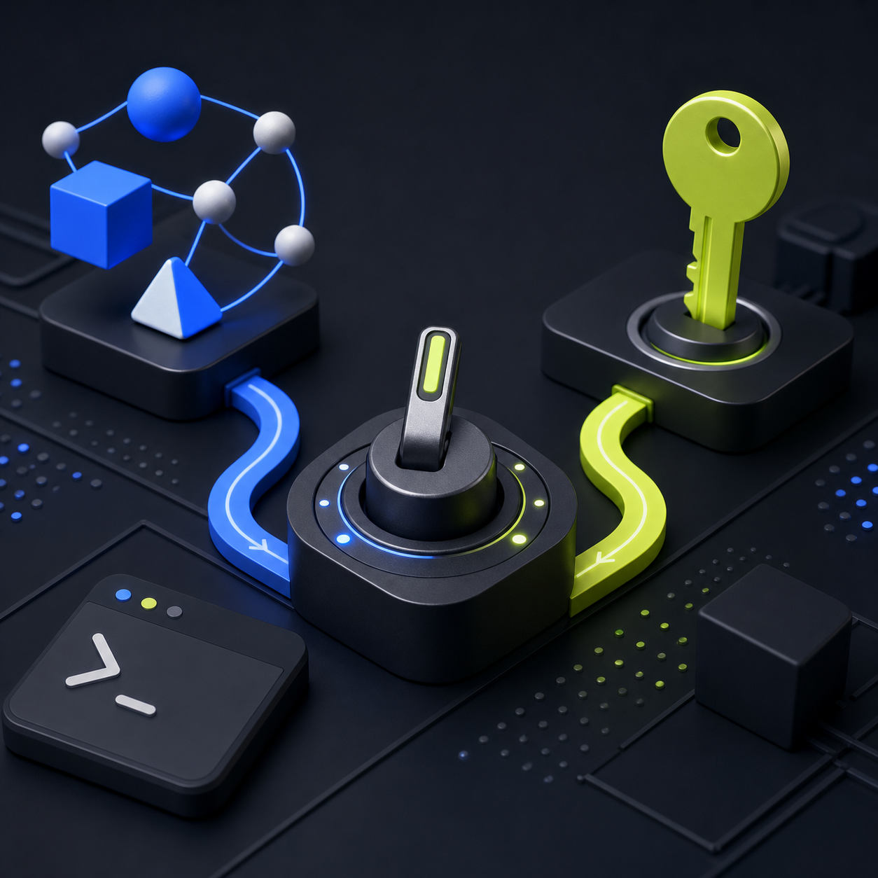 A Copilot routing panel sends developer tasks either to automatic model selection or to private model providers