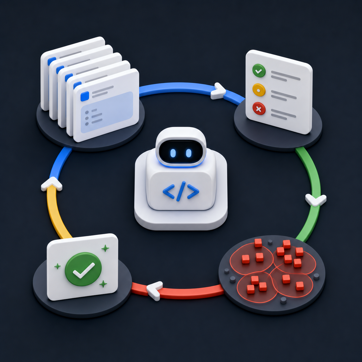 A coding agent workflow loops through traces, grading, failure clusters, and approved fixes