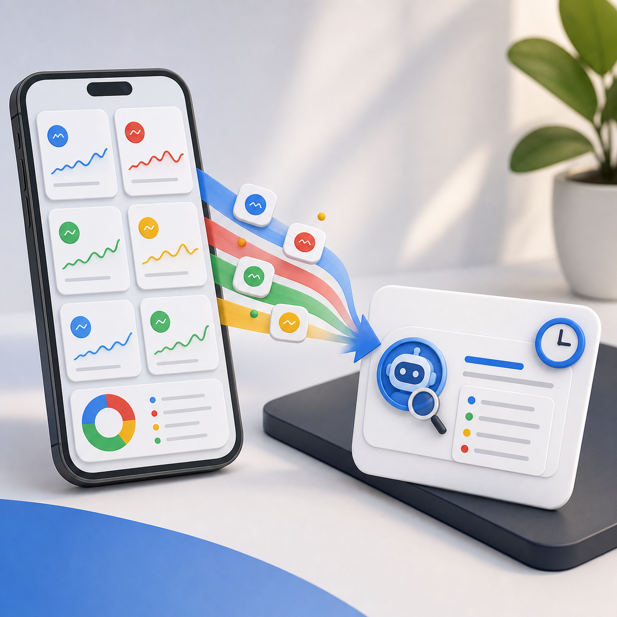 A phone portfolio board flows into an AI market briefing card with a schedule cue