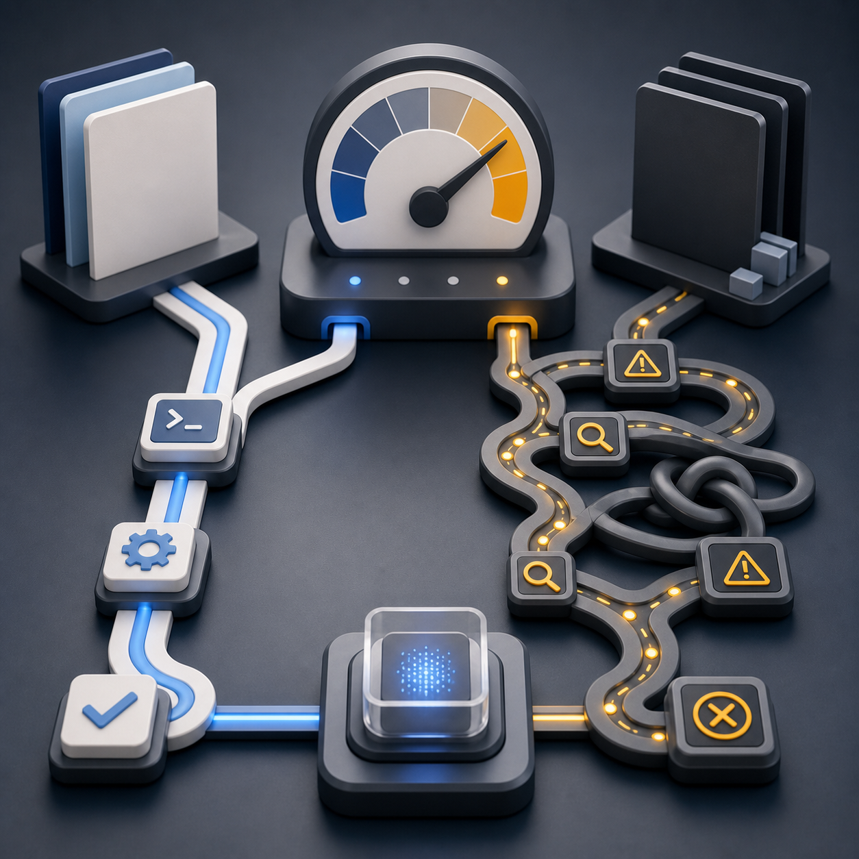 A testing gauge compares a clean tool path with a longer tangled debugging path