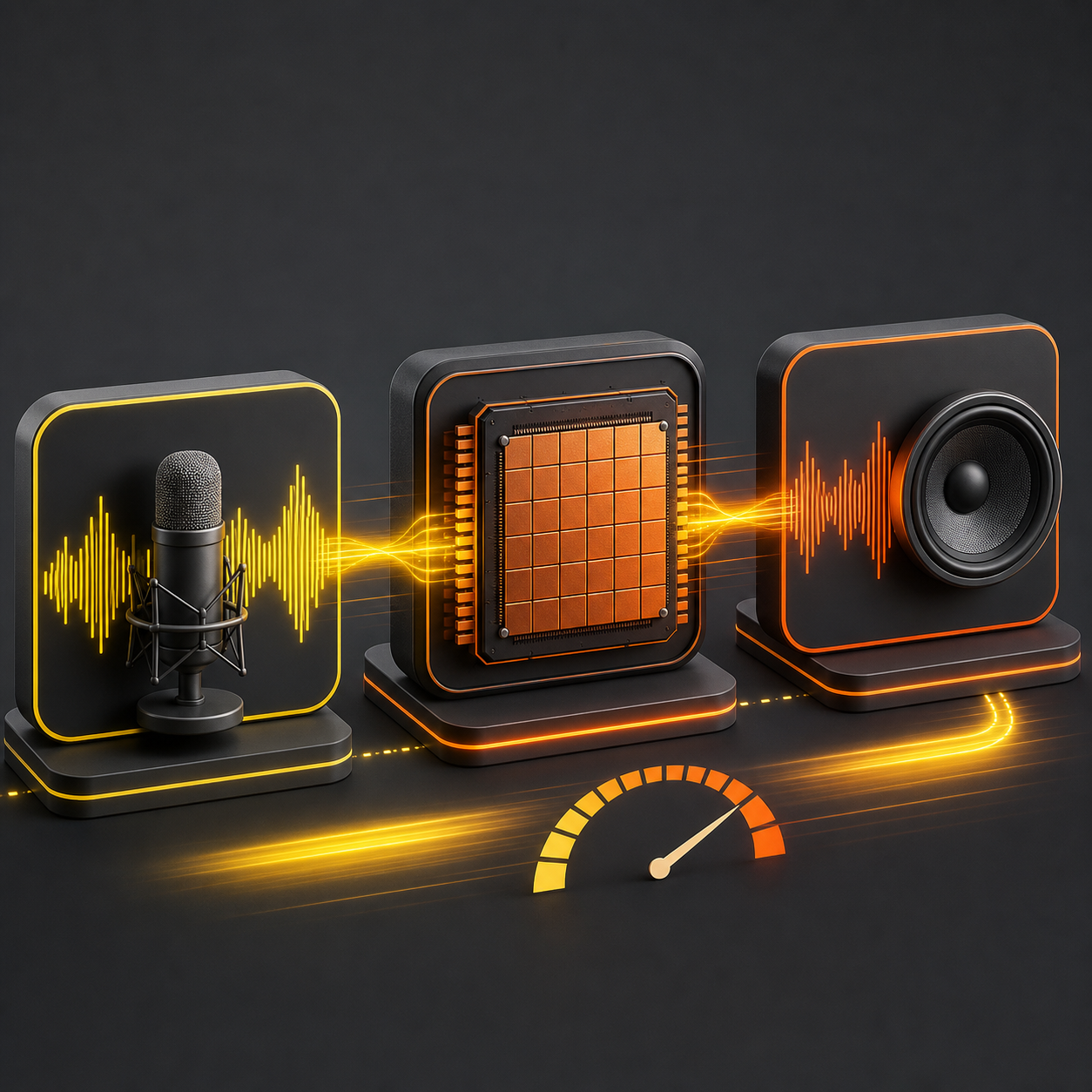 A microphone waveform passes through a fast inference core and exits as a speaker waveform