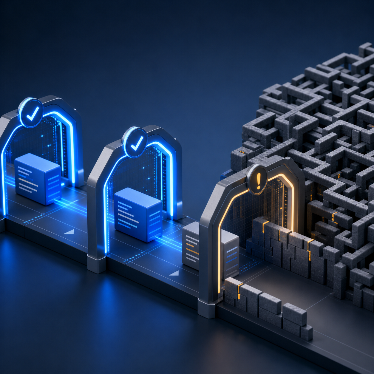 Abstract code blocks pass through build and deploy checkpoints before meeting a harder behavior-validation maze