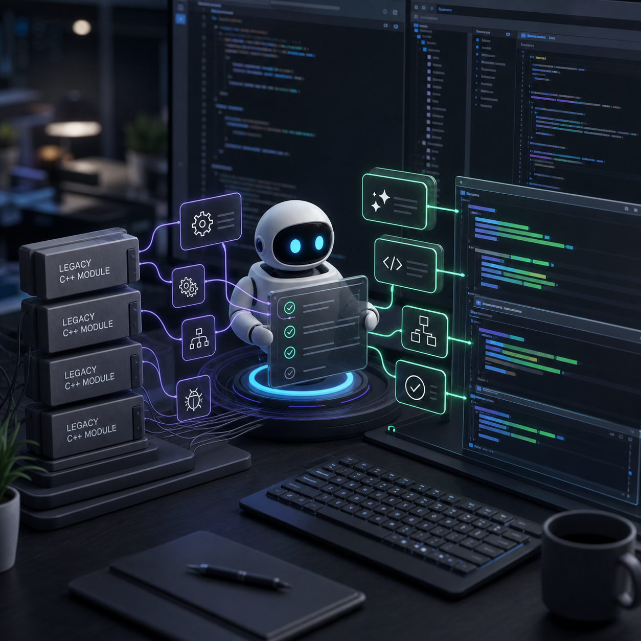 An abstract coding workspace showing agent task lanes moving code blocks between editor panels