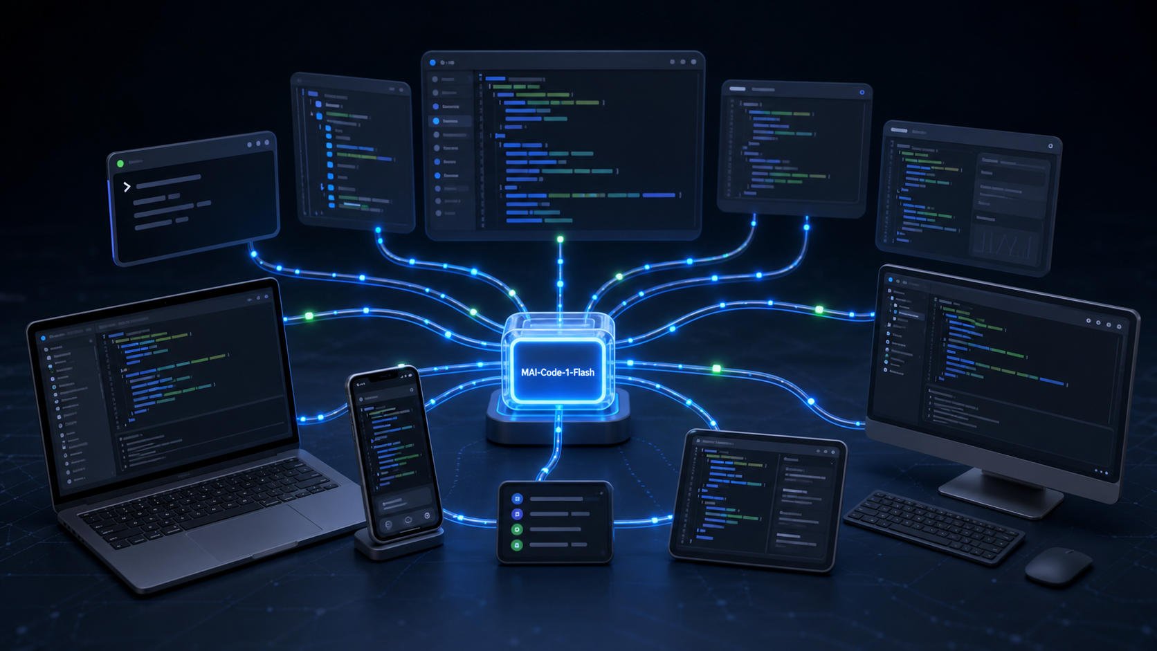A small coding model module routes glowing code paths to laptops, phones, IDE panels, and command-line surfaces
