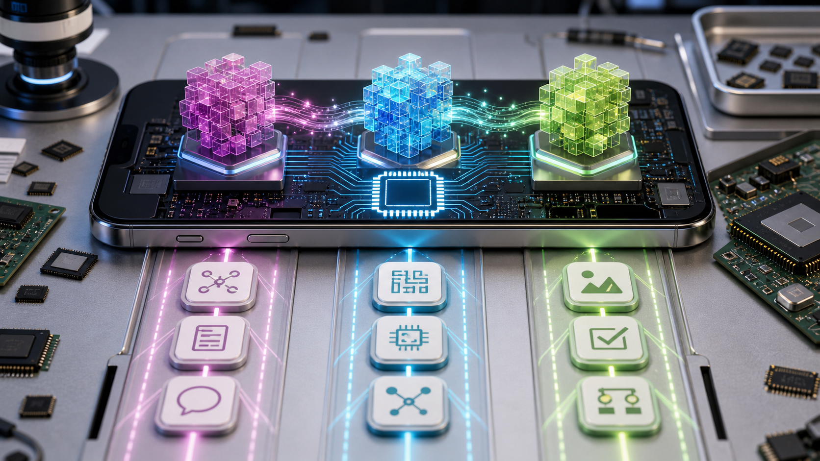 Three abstract model blocks run through benchmark lanes on a smartphone circuit board with mobile chips around the device