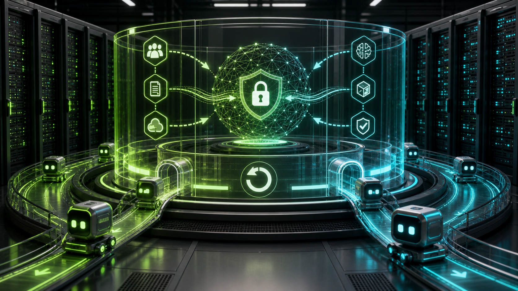 A secure data center control plane with server racks, agent nodes, lock symbols, and rollback controls shown as abstract infrastructure