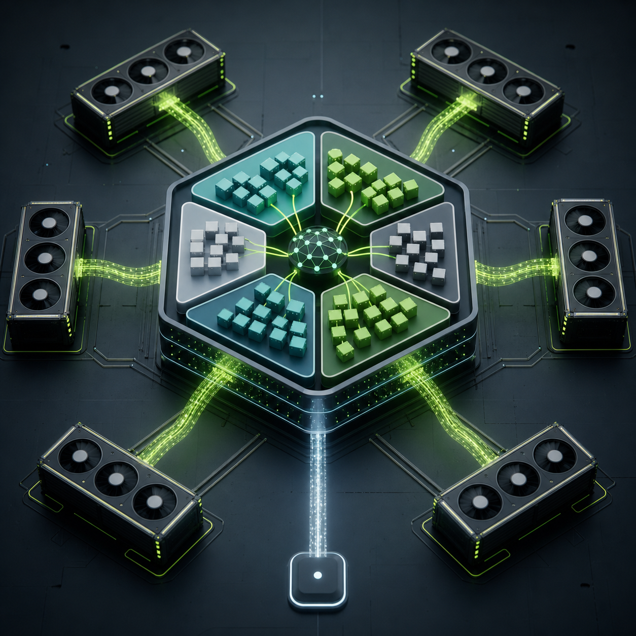 A mixture-of-experts model is split across GPUs while a single import path feeds the training pipeline