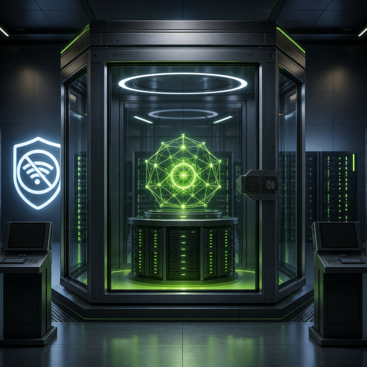 A green open-model core runs inside a sealed air-gapped compute chamber