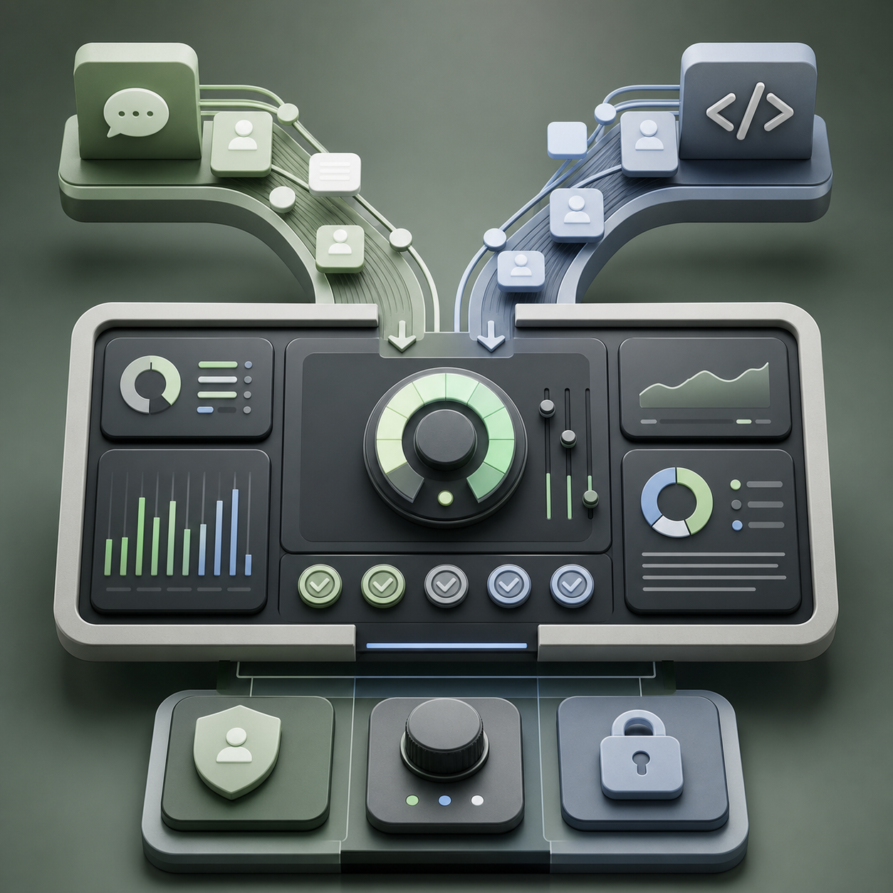 An enterprise AI admin console with credit usage gauges, team budget controls, and ChatGPT and Codex activity streams