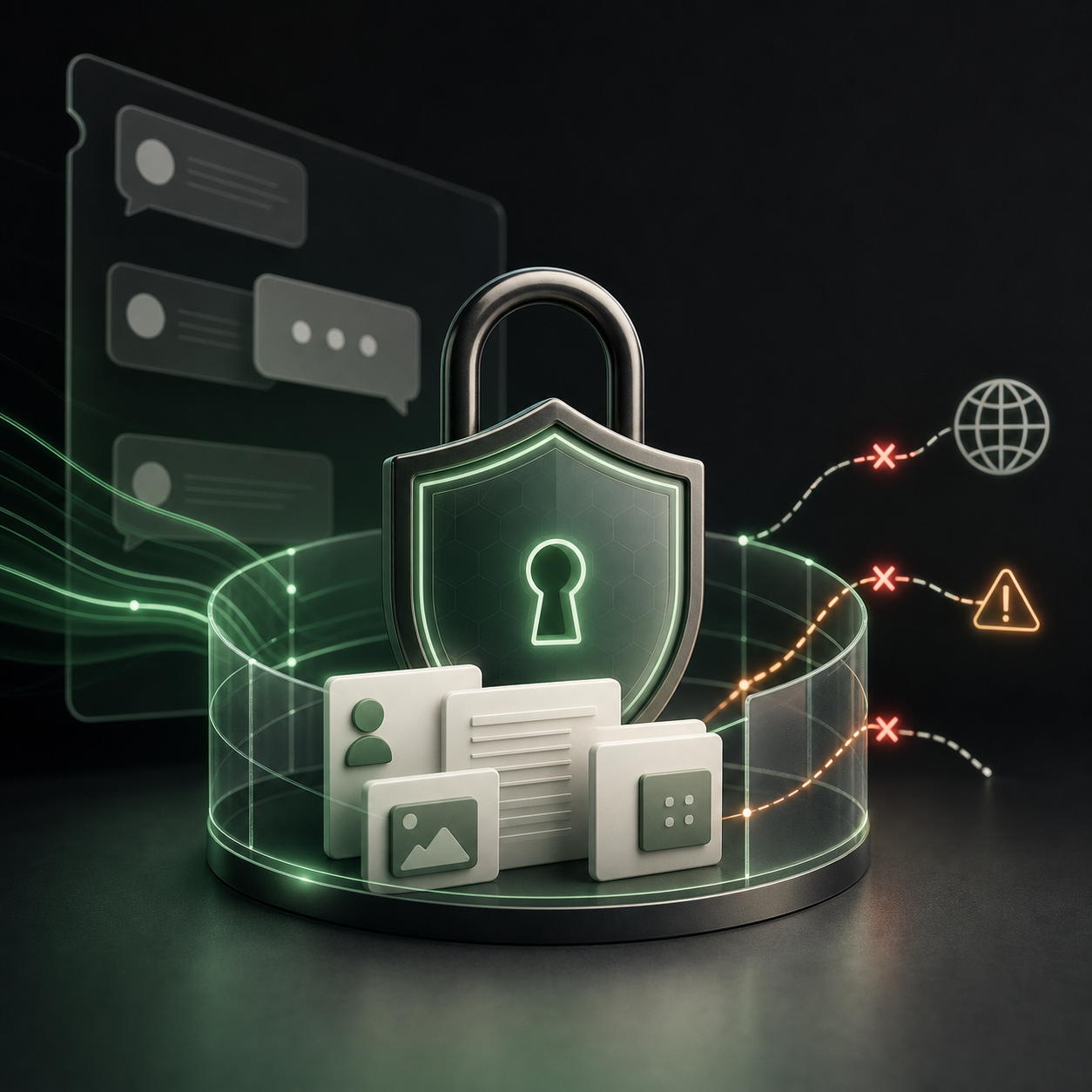 Generated editorial image of a lock shielding data cards from outbound network paths