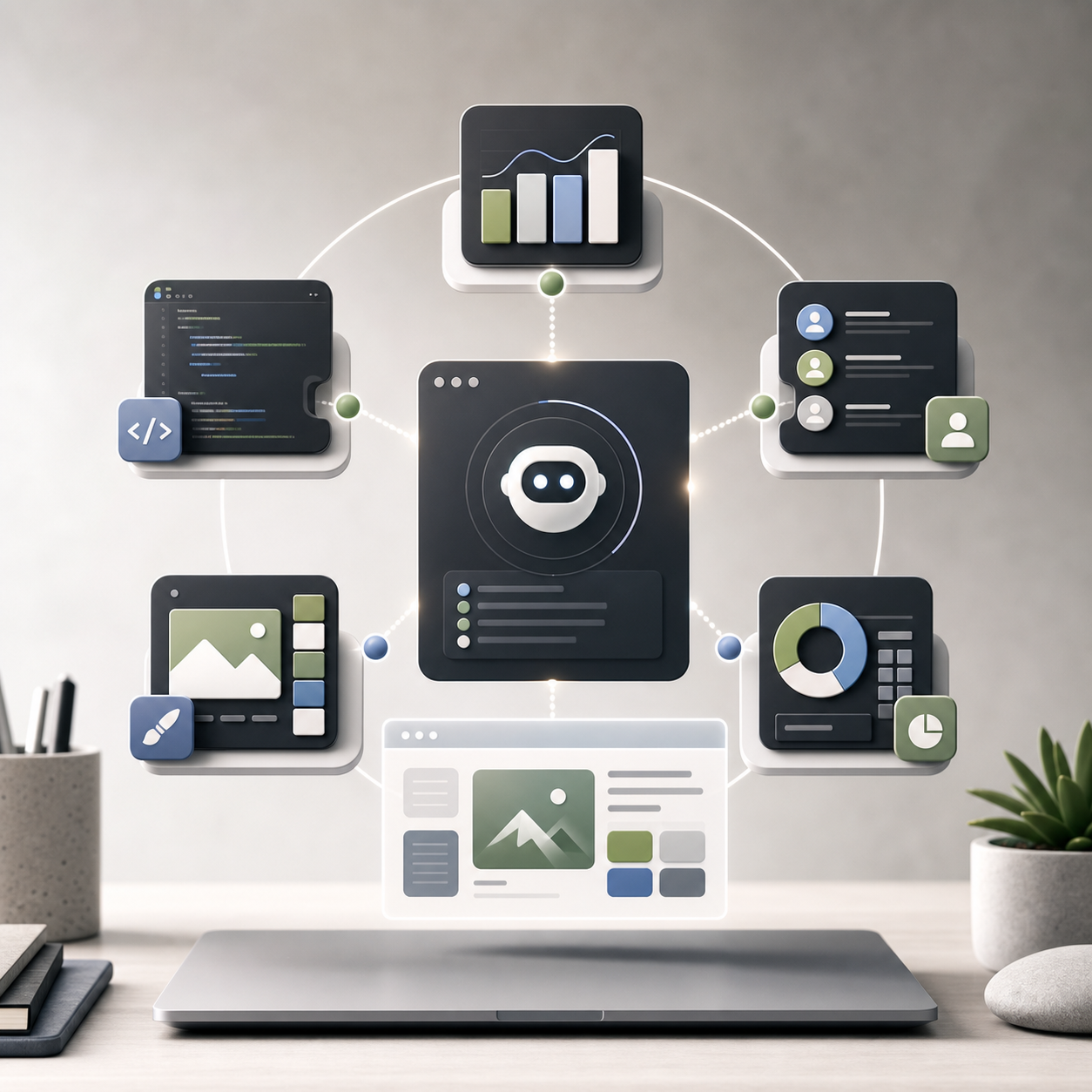 Generated editorial image of an AI assistant connected to role-specific workflow panels