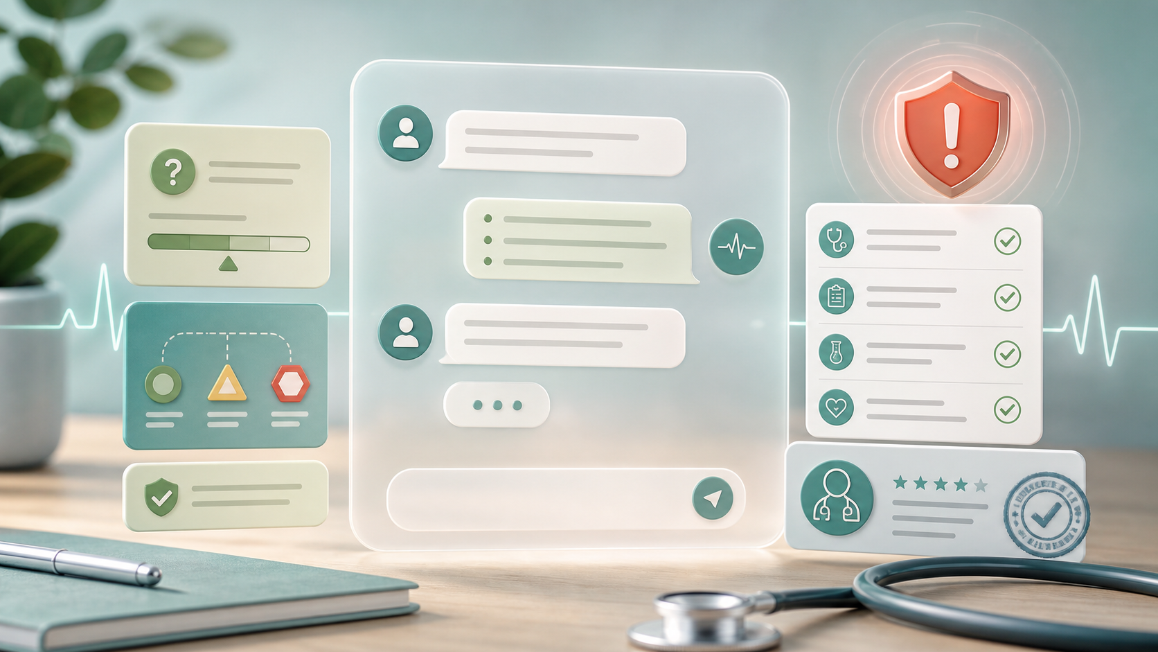 An abstract health chat panel surrounded by physician review cards, safety markers, and a stethoscope on a clean desk