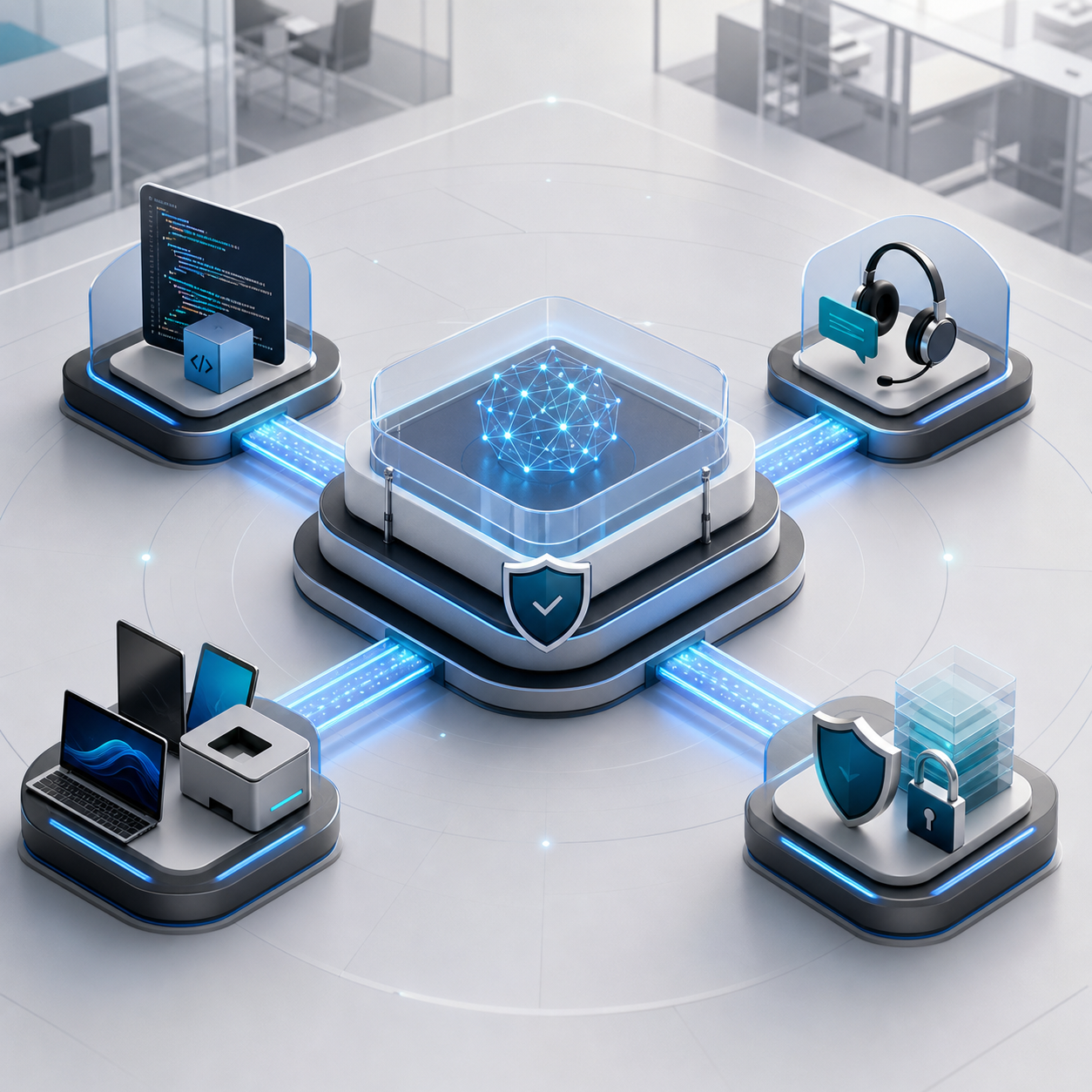 A governed enterprise AI hub connects code, support, devices, and security workflows
