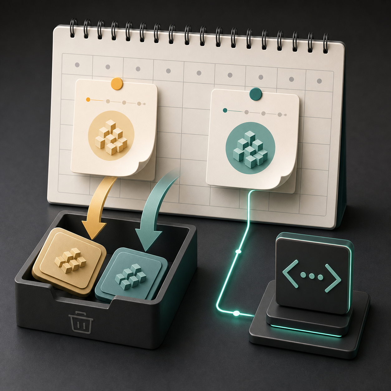 A calendar with two abstract AI model tiles moving into an archive tray while a separate developer terminal path stays active