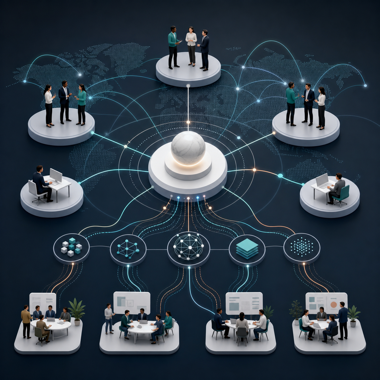 Generated editorial illustration of an enterprise AI partner network connected around a central hub