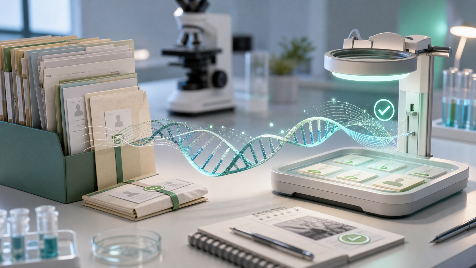 A clinical genetics lab desk with archived case folders, an abstract DNA strand, and verified case cards moving through a review station