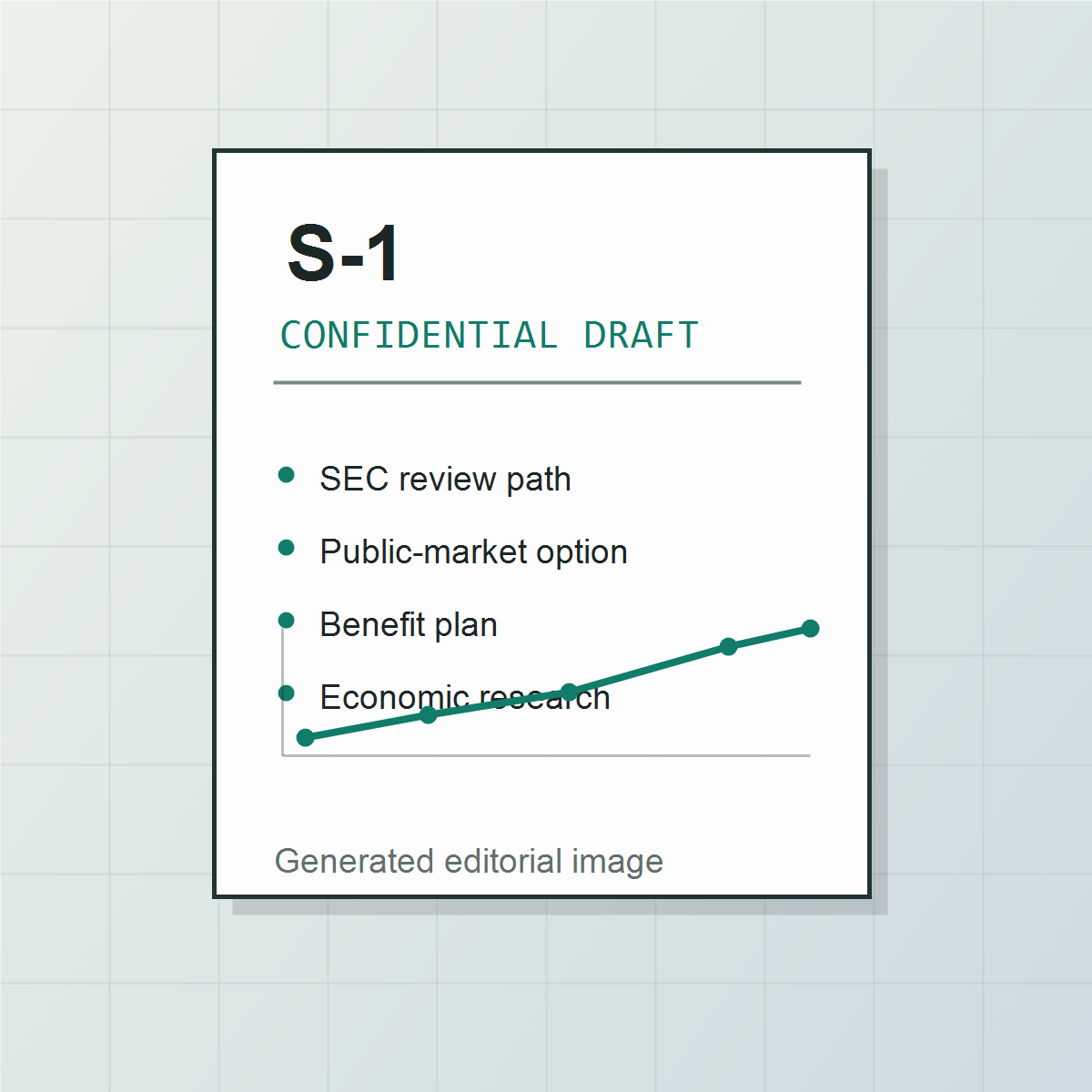 Generated editorial image of a confidential S-1 filing card with public-market and research milestones
