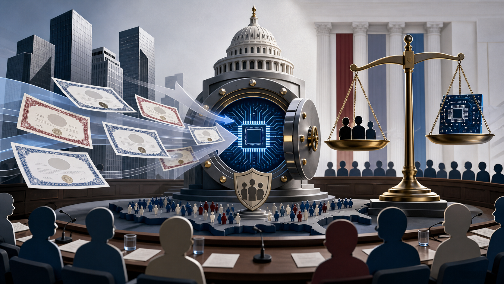 Abstract stock certificates move from corporate towers into a public fund vault beside civic scales and AI chip imagery