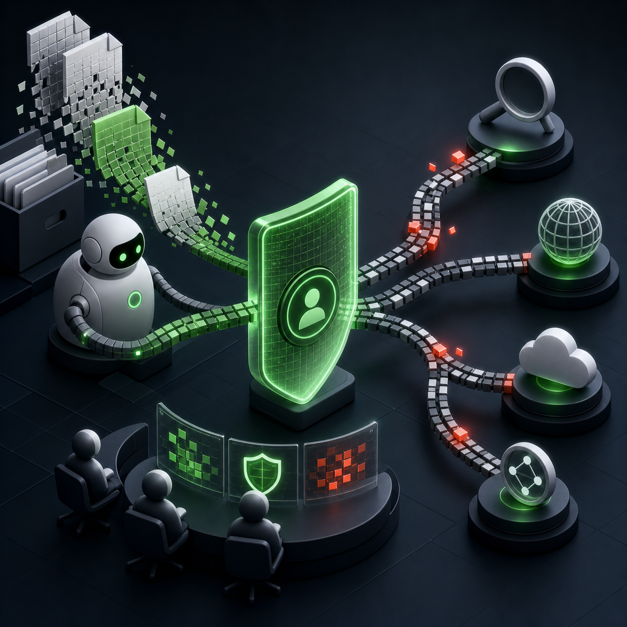 A research agent routes private document fragments into public search queries while privacy filters monitor the outgoing trail