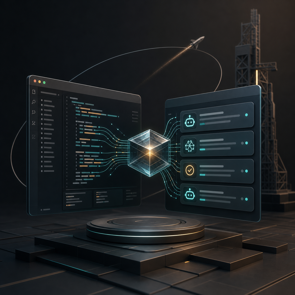 Generated editorial illustration of an AI coding interface connected to orbital compute infrastructure